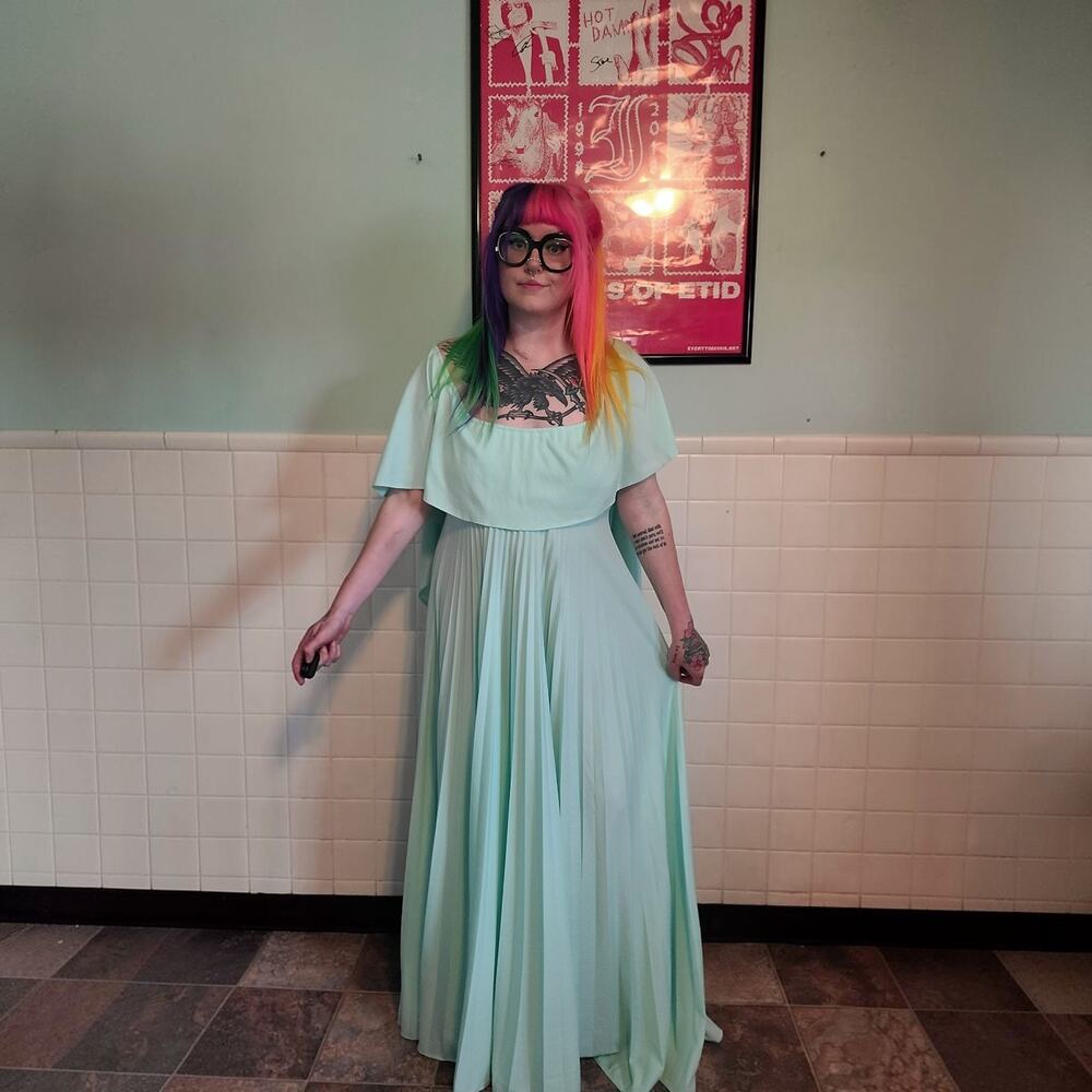 Vintage 60s Retro Pastel Blue Drapey Cape Style Maxi Dress Gown